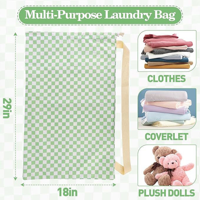 Laundry Bag Backpack for Dorm & Travel, 29 x 18" Large Dirty Bag | Cute Green Checkered College Clothes Pouch with Straps and Handles. Ideal for Apartment, Camp and Portable Bag for Laundromat