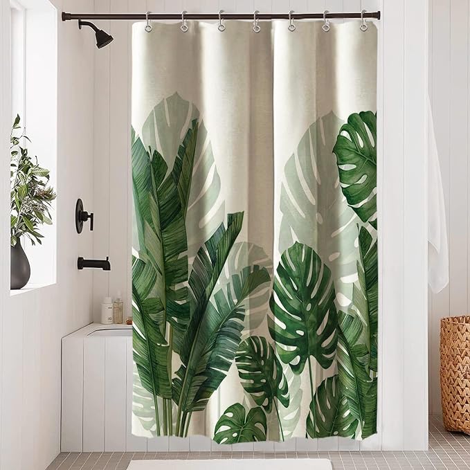Baccessor Linen Shower Curtain 36 W X 72 L Inch Tropical Green Leaf Shower Curtains Botanical Banana Monstera Leaf Palm Tree Water Repellent Heavy Duty Small Stall Shower Curtain for Bathtubs Hotel
