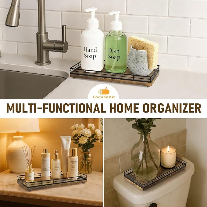 Bathroom Vanity Tray for Countertop, 12" x 6" Wood Toilet Tank Tray | Metal Guardrail, Bathroom Organizer for Soap, Perfume & Skincare, Non-Slip Decorative Tray for Dresser, Black & Rustic Brown