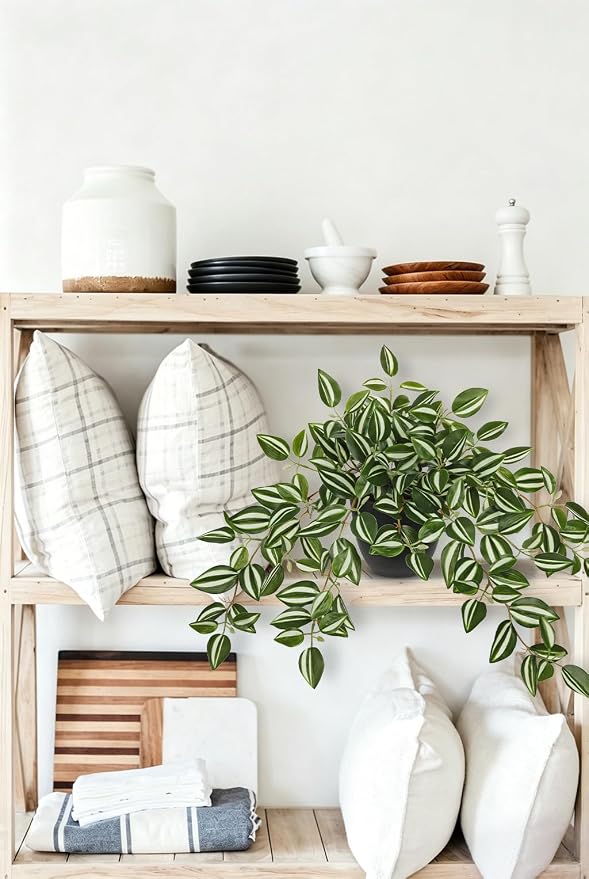 Briful Artificial Potted Plant Indoor, 19.6" Faux Watermelon Peperomia Trailing Plant in Black Pot, Realistic Fake Plants with Cascading Green Leaves for Cabinet Shelf Bathroom Office Desk Home Decor
