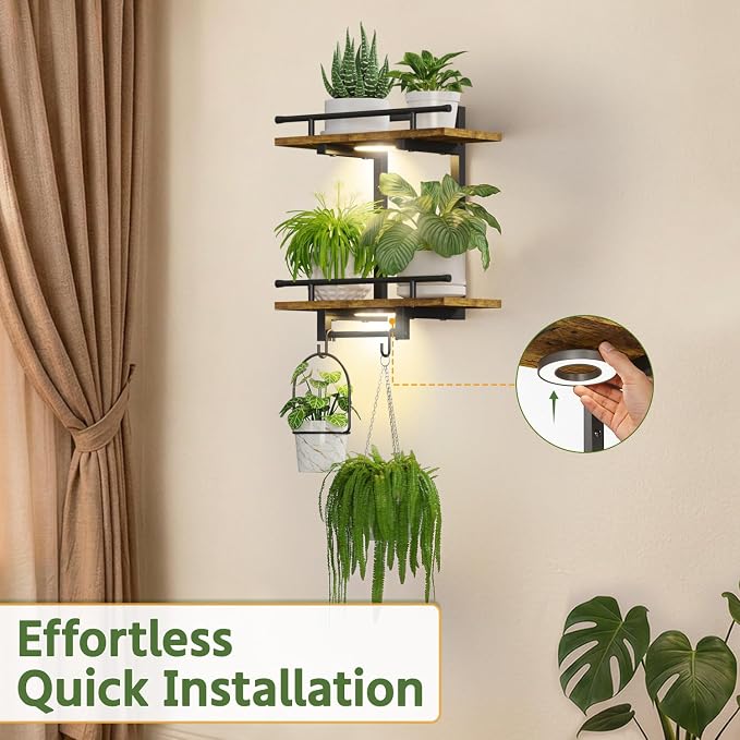 LASZOLA Floating Plant Shelves Holder Wall Indoor with Light, 1 Pack Brown | 2 Tier Window Hangers Stand with Hooks, Metal and Wood, Flower Hanging Display Rack for Bedroom Living Room Kitchen Decor