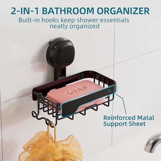 TAILI Soap Dish for Shower, Bar Soap Holder,Suction Visible Indicator,Black | Soap Holder Shower, Soap Bar Holder for Shower Wall, Removable Bathroom Sponge Holder, One-Press Plastic Soap Dish