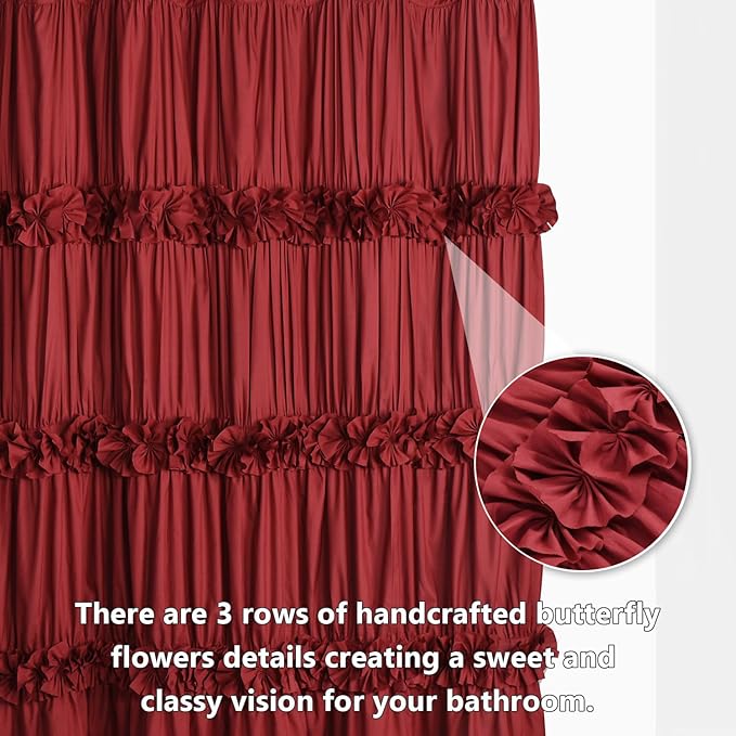 Burgundy Ruffle Shower Curtain, Vintage Handcrafted Bow Tie Bath Curtain for Master Bathroom, Ruched Microfiber Bathroom Curtain with 12 Buttonholes, 72" W x 72" H (LQ-10)