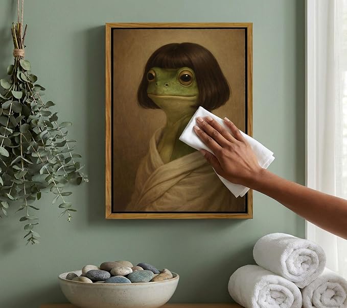 Floating Framed Whimsical Frog Canvas Wall Art, Funny Bathroom Frog Wall Decor, Eclectic Animal Print Poster, Vintage Abstract Animal Picture Artwork for Bathroom, Bedroom Home Decoration, 12x16in