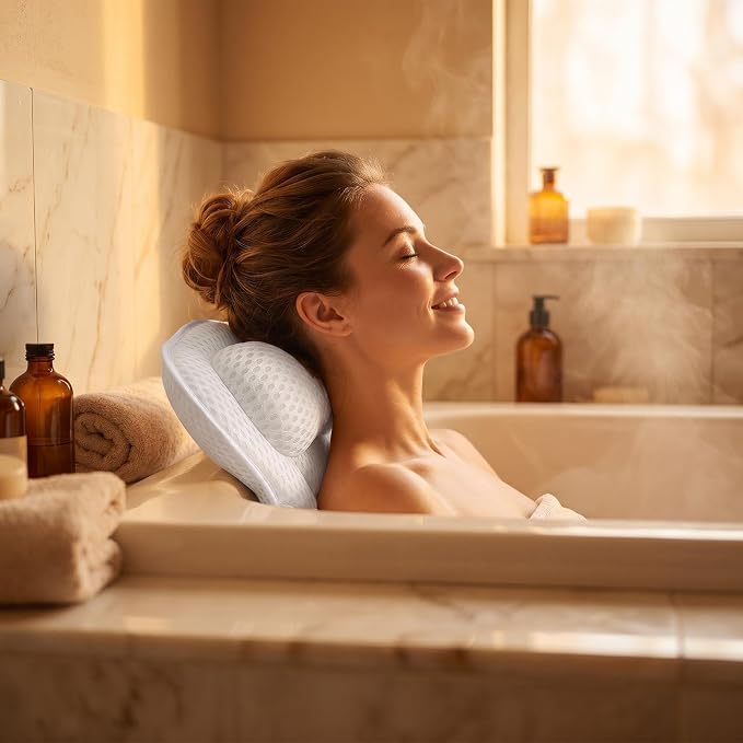 Bath Pillows for Tub, Luxury Bath Pillows for Neck Head and Back Support,Bathtub Pillow with Soft 4D Breathable Mesh Fabric and Nonslip Suction Cups,Relaxing Bath Accessories .(White)