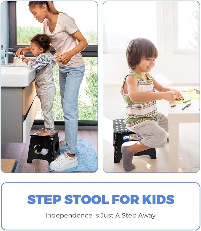 ACKO Folding Step Stools 11 Inch, 2 Pack, 300 lbs, Black | Lightweight Collapsible Stools for Adults and Kids with Handles, Non-Slip, for Kitchen, Bathroom, Bedroom and Closet