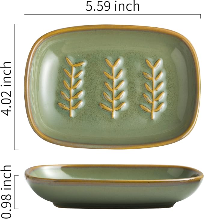 Miamolo Soap Dish Soap Holder Shower, Ceramic Soap Dishes for Bar Soap Sponge, Shower Soap Dish Soap Saver Tray for Bathroom Kitchen Sink, Easy to Clean, Green (Pack of 2)