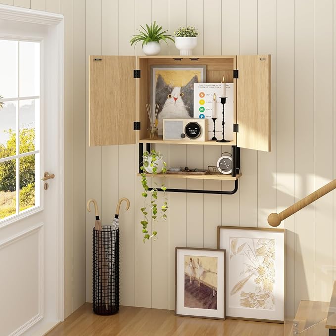 RUSTOWN Fluted Bathroom Wall Cabinet with 2 Doors, 3-Tier Medicine Cabinet | Modern Farmhouse Wall Mounted Cabinets, Over The Toilet Storage Cabinet, Adjustable Shelf and Towel Bar, Medium