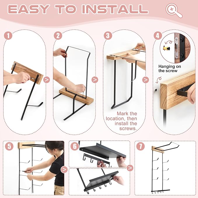 Yoga Mat and Ball Holder Wall Mount, 4-tier Yoga Mat & Ball Storage Rack, Metal Floating Shelf, Home Gym Organizer for Hanging Foam Rollers & Resistance Bands, Wood Color