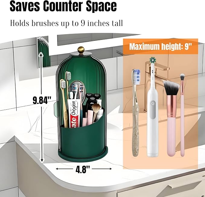 JEESA Dustproof Toothbrush Holder with Cover, All Green | 360° Rotating, 180° Sliding Lid, 3 Slots, Toothbrush Organizer, for Bathroom Countertop