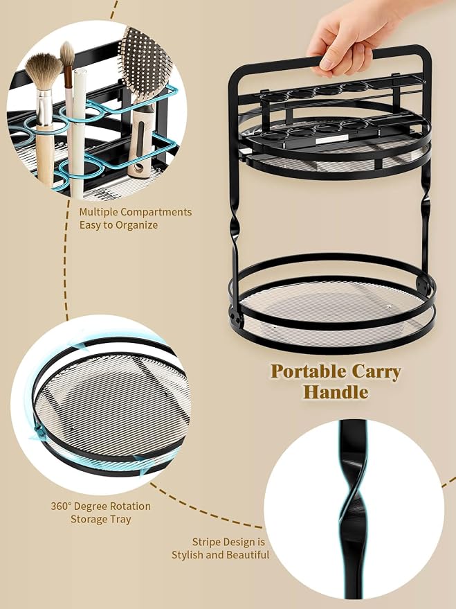 Rotating Makeup Vanity Organizer, 360 Spinning Perfume Organizer | 2-Tier Black Bathroom Countertop Organizer, Lazy Susan Counter Shelf Skincare Storage, Perfume Stand with Makeup Brush Holder