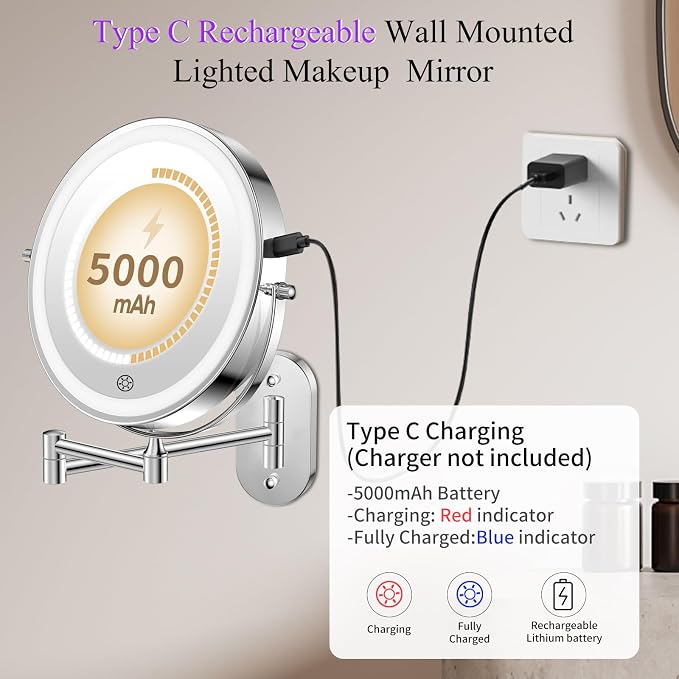 FUNTOUCH 5000mAh Rechargeable Wall Mounted Lighted Makeup Mirror 1X30X | Double Sided 1X 30X Magnifying, 3 Color Lighting, Touch Screen Dimming, Extended Arm 360 Rotation Shaving Bathroom Mirror