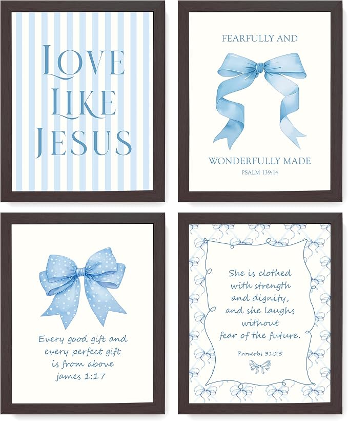 LARTSFRO Coquette Blue Bow Jesus Wall Art Decor Posters, Light Blue Bow Room Bedroom Bathroom Dorm Wall Art Decor Aesthetic for College Teen Girls Gifts, Inspirational Bible Verses Bow Wall Decor, 10x8 Inch Set of 4 Bow Pictures (DARK FRAMED)