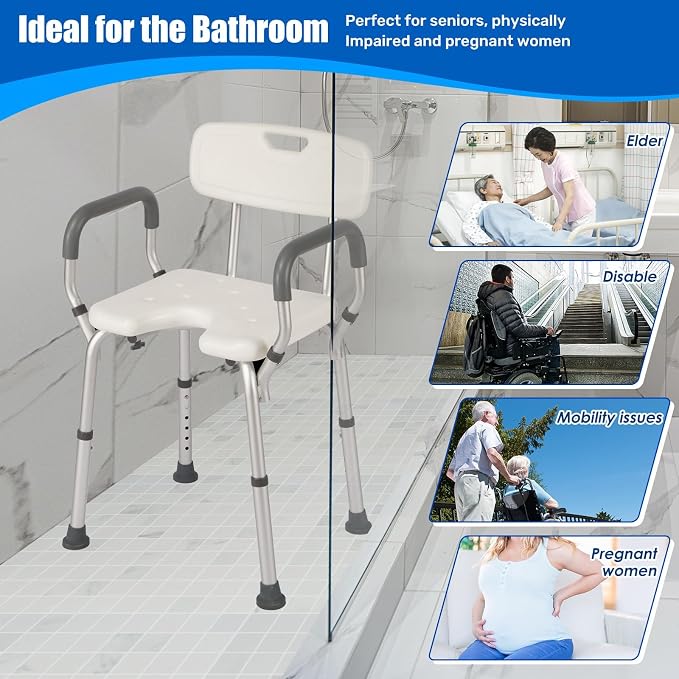 Shower Chair with Arms and Back, 330lbs Heavy Duty Bath Seat with U-Shaped Cutout, 21" Extra Wide Adjustable Shower Stool with 2 EVA Pads and Shower Head Holder, Tool-Free Assembly