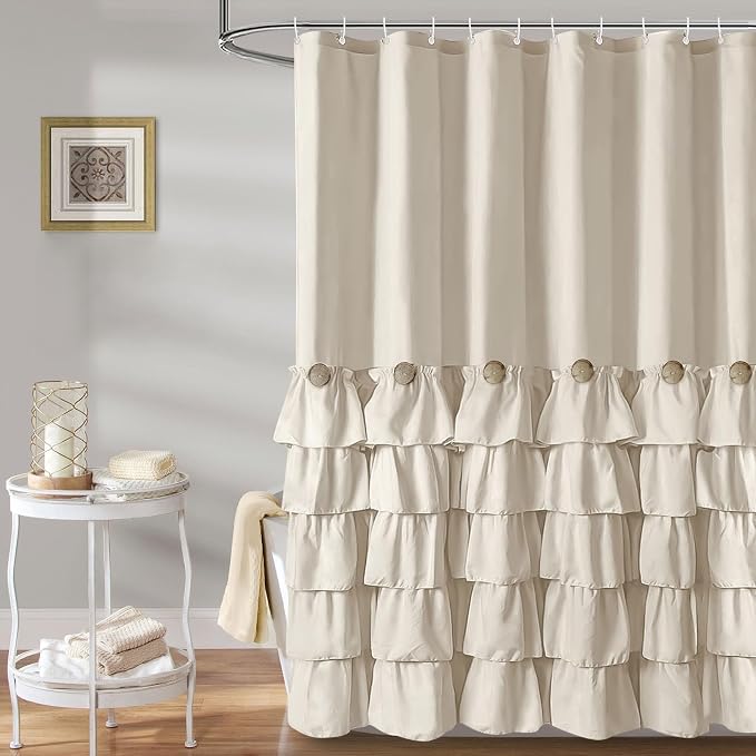 Seasonwood Beige Ruffle Shower Curtain Neutral Shower Curtain 72 x 84 | Natural button accents, layered fabric tiers, shabby chic and French country styling for decorative bathroom updates