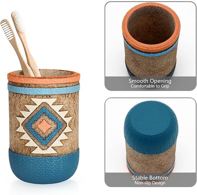 Bathroom Accessory Sets 4PCS Bathroom Accessories Set Complete Tribal Home Decor Southwest Pattern Shape Includes Lotion Dispenser Toothbrush Holder Tumbler Cup & Soal Dish