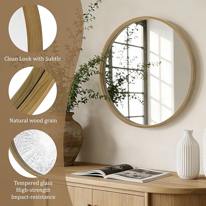 Round Wood Mirror 24 inch Circle Wall Mirror for Bathroom Round Wall Mirror for Wall Decor, Vanity, Entryway Living Room (Natural)