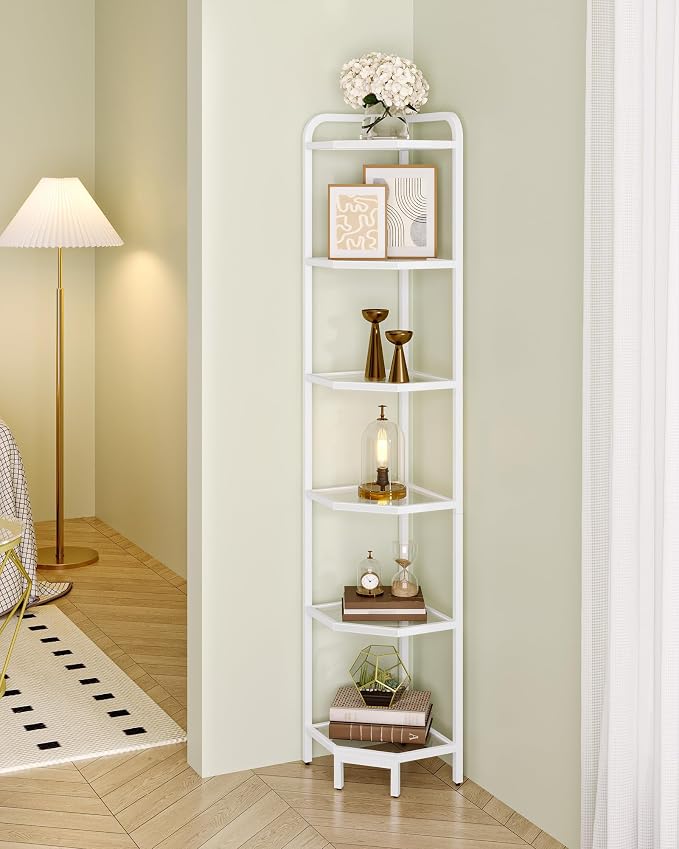 Hzuaneri Corner Shelf Stand, 6-Tier Glass Bookshelf Bookcase, Plant Stand | Bathroom Organizer Steel Frame, Tempered Glass, Modern Style for Living Room, Bathroom, Kitchen, White CS90613W