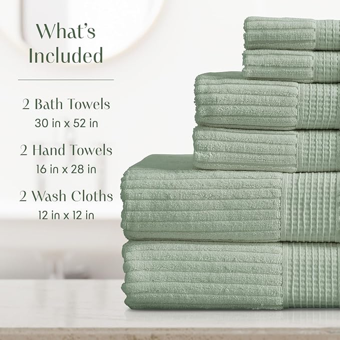 100% Cotton Bath Towel Set | 6-Piece Set | Eucalyptus | Absorbent & Quick-Dry Bathroom Towels | Textured and Durable Cotton Towels for Bathroom | OEKO-TEX | Krista Collection
