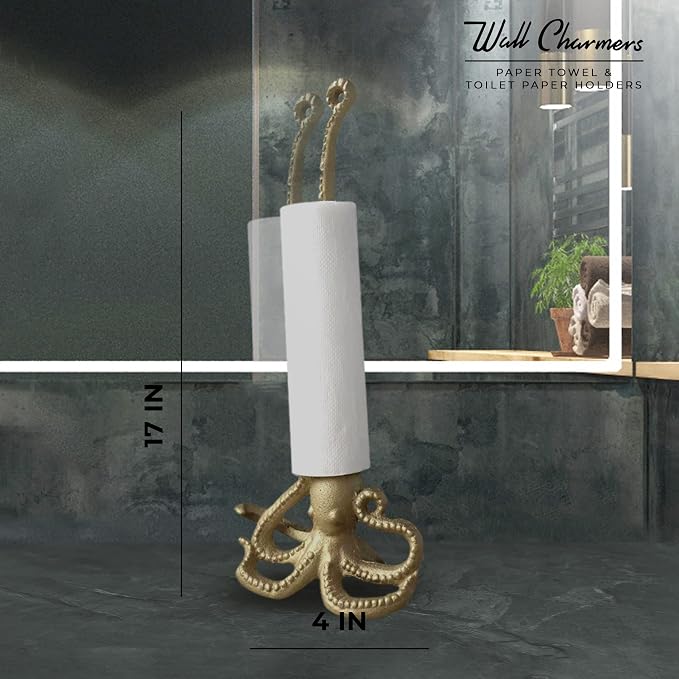 Gold Paper Towel Holder, Metal Toilet or Kitchen Paper Holder for Floor or Countertop, Gold Octopus | 18.6 inch tall gold cast iron hand towel holder for kitchen countertop or bathroom with weighted base, no assembly