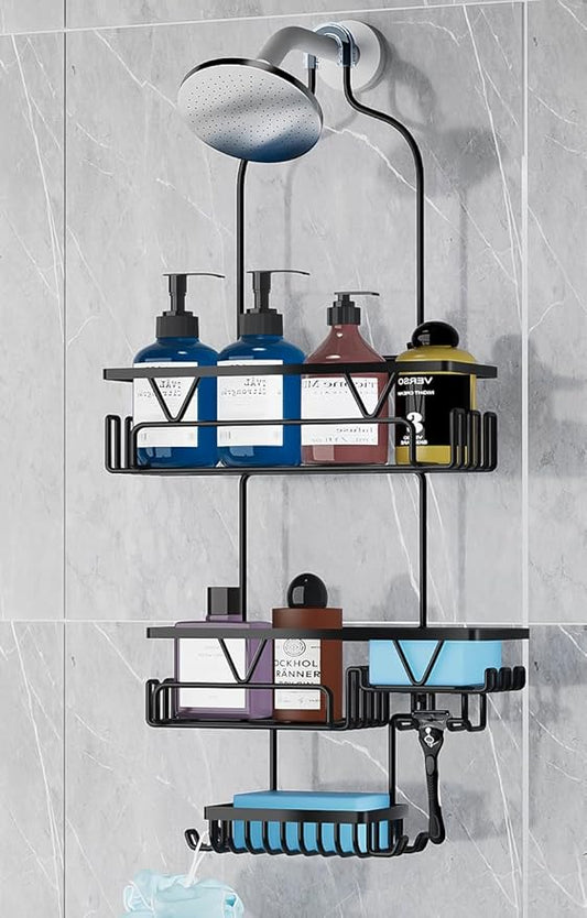 DAOYA Over the Shower Head Caddy with 2 Baskets & Soap Holder, Non-Slip Design for 0.82-Inch Showers, Black, Stainless Steel
