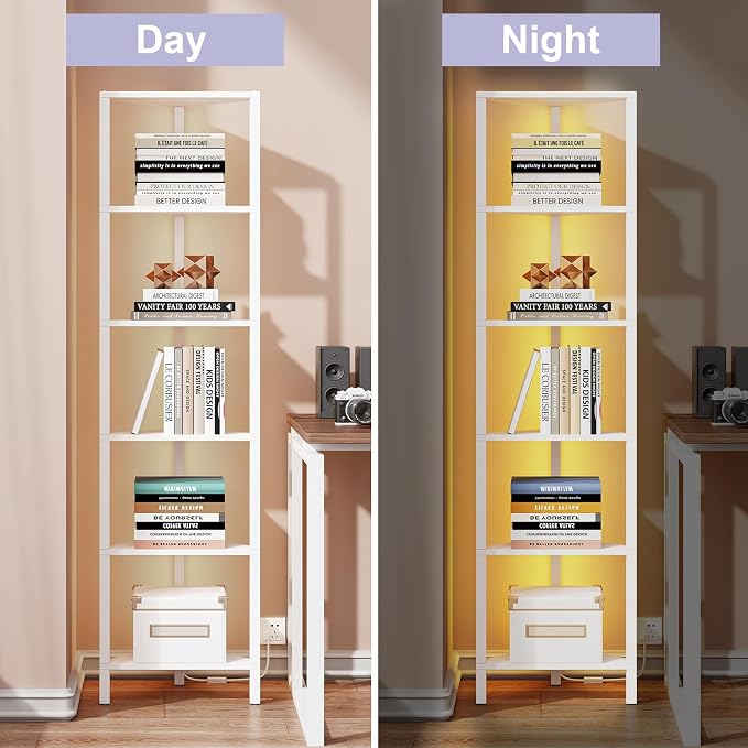 TUTOTAK 6-Tier Corner Bookshelf with LED Light, Corner Shelf | for Small Space, Narrow Display Corner Shelf Stand with Storage Rack, for Living Room, Bedroom, Pure White V1BS05BW006L