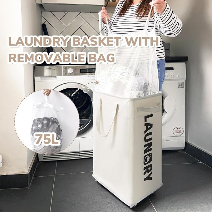 CHICVITA 75L Laundry Basket with Wheels & Handle 2-Pack, Wash Bags, White | Collapsible rolling laundry baskets for dorms and corners. Removable wash bags, easy-carry handles