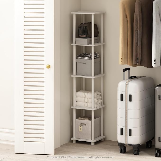 Furinno Turn-N-Tube Storage Shelves, 5-Tier Square Book Shelf, Corner Shelf, Toolless Open Shelves, Round Tubes, for Organization and Storage, Living Room, Garage, Home Office, White