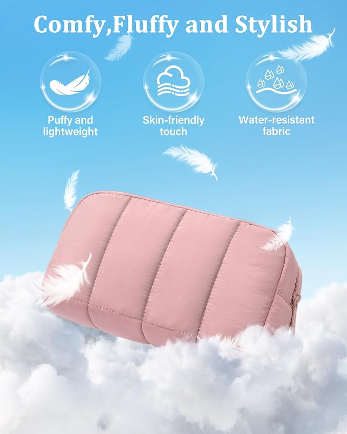2 Pcs Makeup Bag Travel Toiletry Bag for Women Puffy Padded Cosmetic Pouch Purse Wide-open Makeup Organizer Case Travel Essentials