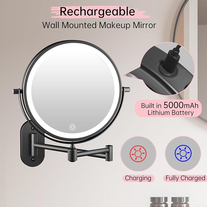 FUNTOUCH 5000mAh Rechargeable Wall Mounted Lighted Makeup Mirror 1X30X | Double Sided 1X 30X Magnifying, 3 Color Lighting, Touch Dimming, Extended Arm 360 Rotation Light up Bathroom Mirror Black