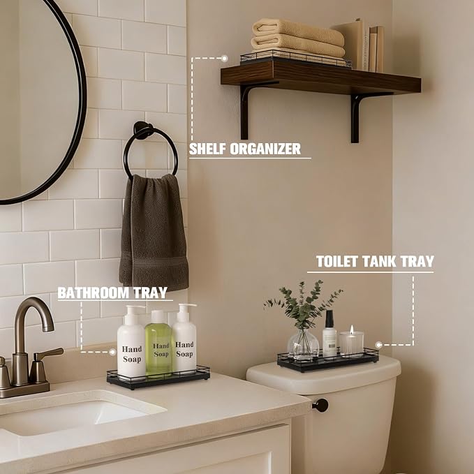 Bathroom Vanity Tray for Countertop, 12" x 6" Oak Wood Toilet Tank Tray | Metal Guardrail, Bathroom Organizer for Soap, Perfume & Skincare, Non-Slip Decorative Tray for Dresser & Vanity, Black
