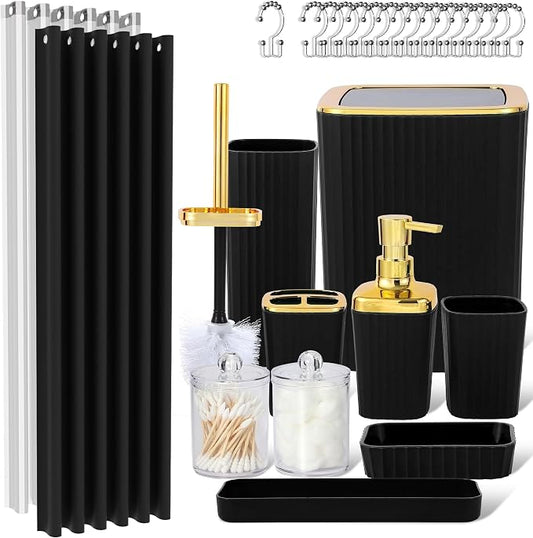 23 PCS Black Bathroom Accessories Set丨Shower Curtain Bathroom Accessory | All-in-One Kit with Shower Curtain,Trash Can,Toothbrush Holder,Toilet BrushSoap Dispenser,Toothbrush Cup,etc for Home
