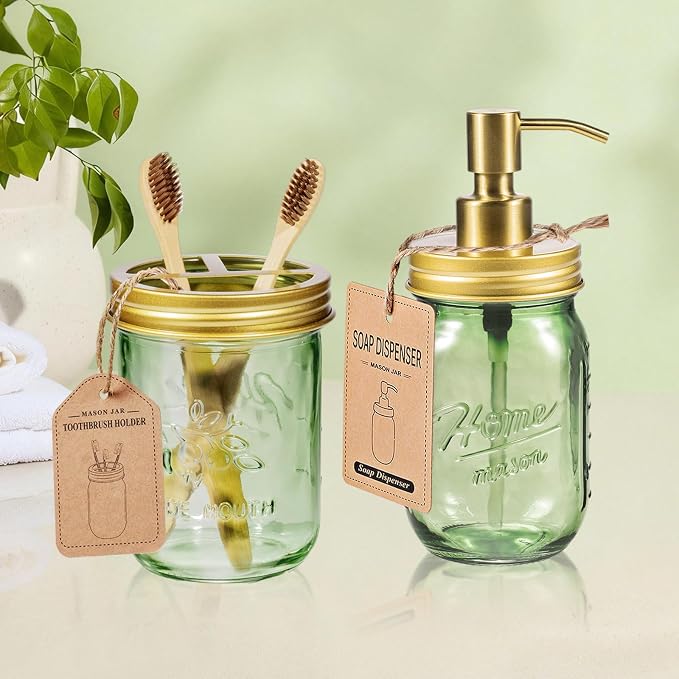 Amolliar Green Glass Bathroom Accessories Set, 4Pcs Mason Jar Bathroom Set | (Gold)Lotion Soap Dispenser, Toothbrush Holder, 2 Qtip Holders, Bathroom Countertop Storage, Bathroom Home Decor Organizer