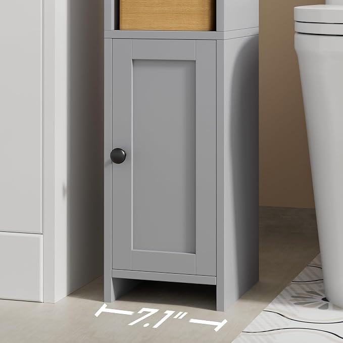 Homhedy Small Bathroom Storage Cabinet, Narrow Toilet Paper Cabinet | Corner Floor Cabinet with Door and Shelves, Slim Bathroom Cabinet for Small Spaces, 7.9" D x 7.1" W x 31" H, Gray