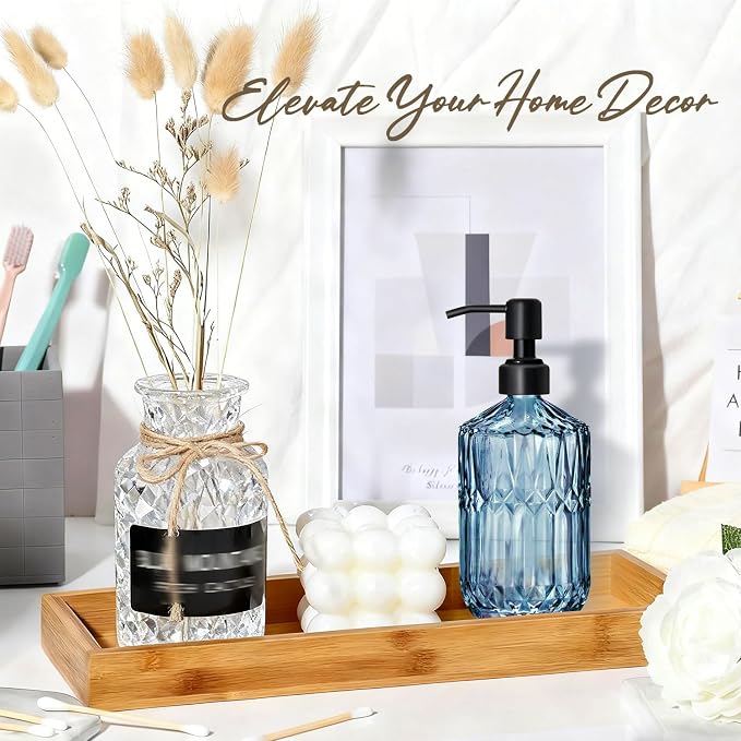 COHOSEGE 17 Oz Blue Glass Kitchen Soap Dispenser for Dish Soap, 2 Pack Bathroom Soap Dispenser Set with Black Rust Proof Pump for Lotion, Hand soap or Body Wash