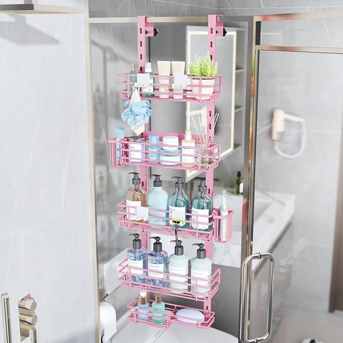 Consumest Over The Door Shower Caddy - 5 Tier Adjustable Shower Organizer Hanging with 2 Toothbrush Holders & 4 Hooks, Rustproof Organizer Shelf, Storage Rack for Bathroom, Pink