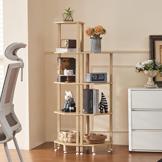YUFAM 4-Tier Corner Shelf, Natural | Wooden Corner Bookshelf for Small Spaces, Corner Standing Shelf with Sturdy 5-Leg Base for bathroom