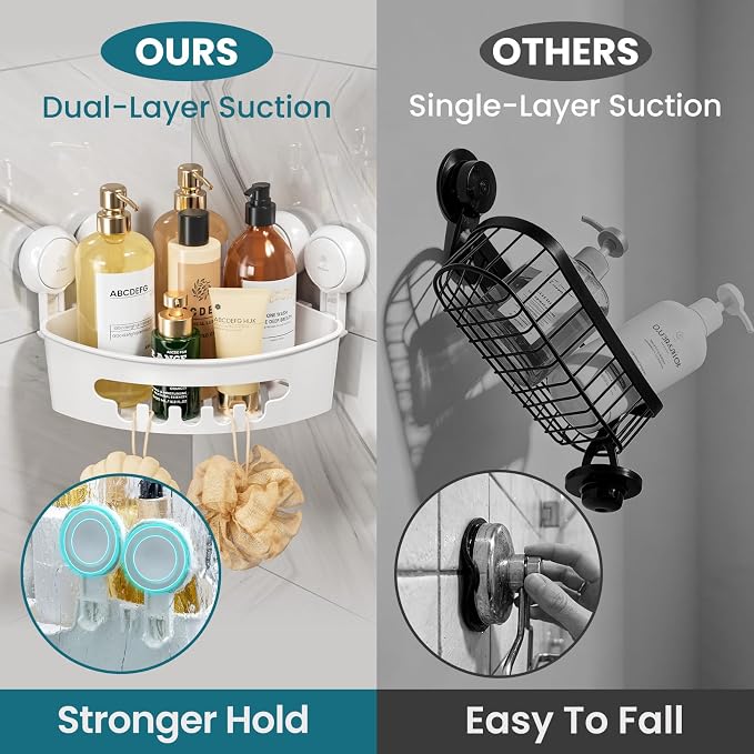 TAILI Suction Corner Shower Caddy, Bathroom Shelf Storage Basket Wall Mounted Organizer for Shampoo, Conditioner, Plastic Rack for Kitchen&Bathroom, Drill-Free Removable (2 Pack) | Wall Mounted Shower Organizer, Shampoo Holder, Plastic Rack, Drill-Free...