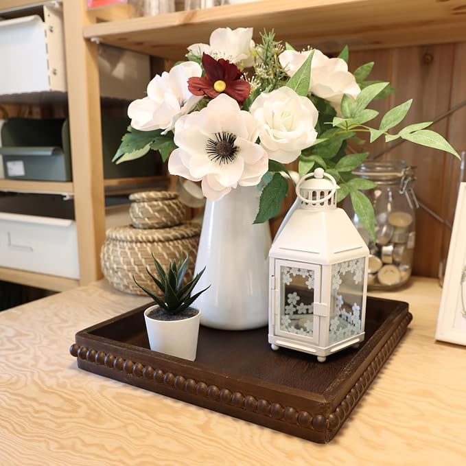 Hrastany Square Wood Decorative Tray, Rustic Coffee Table Serving Tray for Ottoman, Farmhouse Kitchen Counter Organizer, Bedroom, Home Decor(Retro Brown)