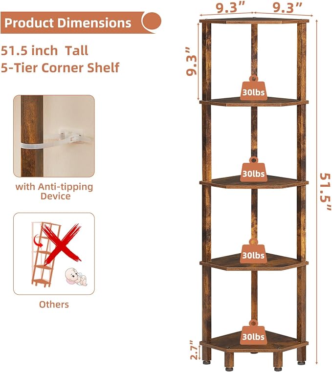 YUFAM 5-Tier Corner Shelf, Brown | Wooden Corner Bookshelf for Small Spaces, Corner Standing Shelf with Sturdy 5-Leg Base