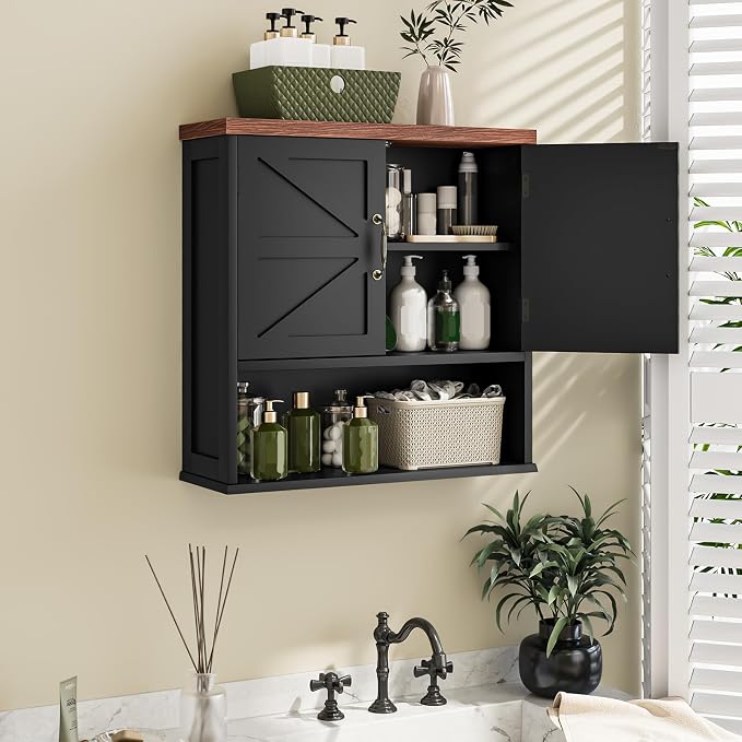 Smuxee Farmhouse Bathroom Cabinet Wall Mounted, Black Medicine Cabinet with Adjustable Shelf, Bathroom Cabinet for Living Room, Laundry Room