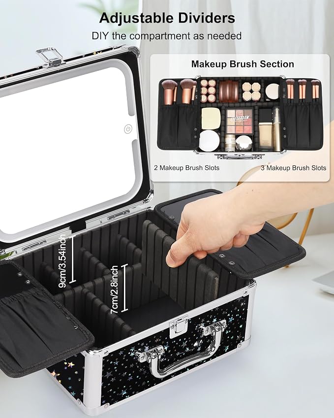 Relavel Makeup Bag with LED Mirror, Makeup Box Travel Train Case with Rechargeable Lighted Mirror, Cosmetic Brush Organizer Storage for Makeup Artists Gifts for Women and Girls (Black Star, Small)