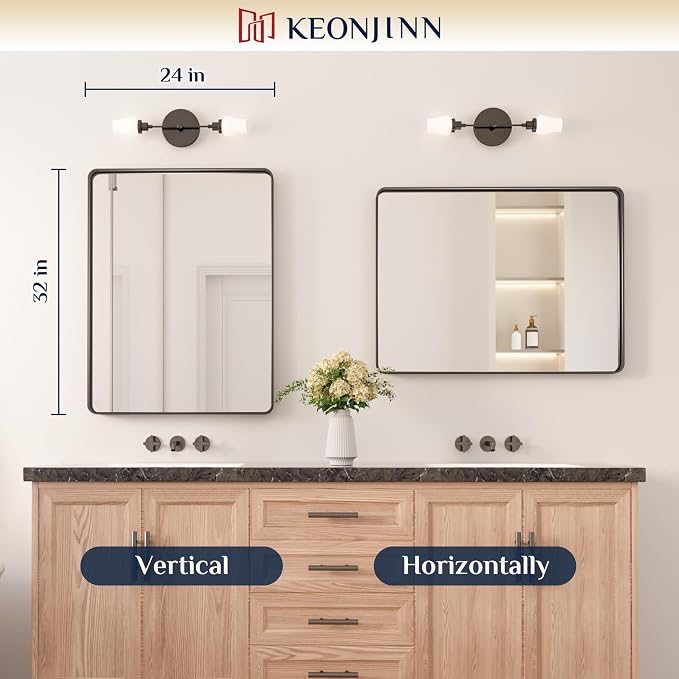 Keonjinn 24 x 32 Inch Black Bathroom Mirrors for Over Sink, Tempered Glass | Sandblasted Finish, Matte Black Vanity Mirror, Anti-Rust, Seamless Aluminum Frame, Rounded Rectangle, French Cleat Mount