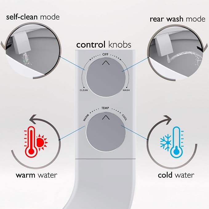 BIDETbidet Left/Right Reversible WARM WATER Ultra-Slim Bidet Attachment with Temperature Control, Interchangeable Knob Set, Hinged Nozzle, Non-Electric, Easy Install, Fits Most Toilets, Off-White