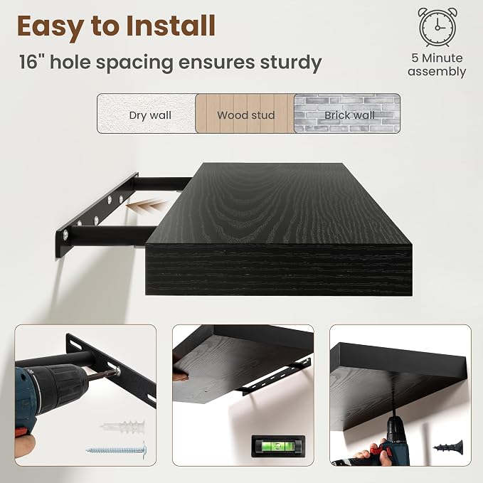 72 Inch Floating Shelves for Wall, 8 Inch Deep, Invisible Brackets, Black | Rustic Wall Mounted Shelf, Storage & Display, Wooden Shelves for Living Room, Kitchen, Bathroom and Home Decor, Set of 2