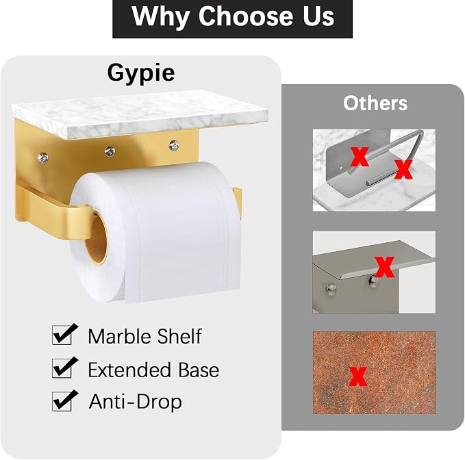 Gypie Toilet Paper Holder with Marble Shelf, Wall Mounted Gold | Toilet Roll Holder for Bathroom Washroom, Extended Base