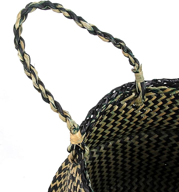 Woven Seagrass Belly Basket for Storage, Plant Pot, Picnic and Grocery Basket (Large, Black Strips)