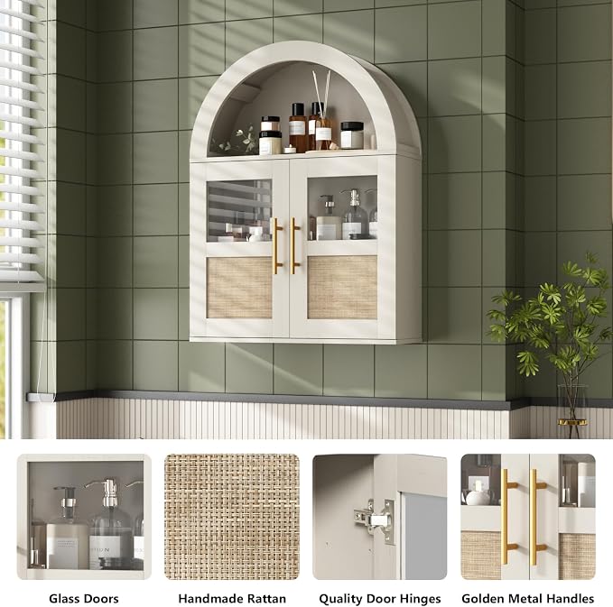 RUSTOWN Arched Bathroom Wall Cabinet with 2 Glass & Rattan Doors | Rattan Medicine Cabinet, Farmhouse Over the Toilet Storage Cabinet, Adjustable Shelves, 3-Tier Wall Mounted Cabinets