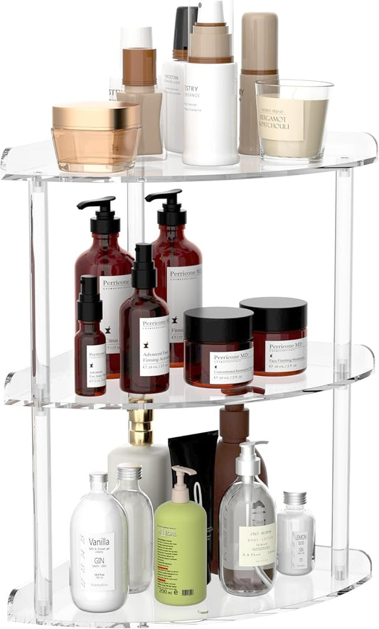 Sezanrpt 3 Tier Acrylic Corner Shelf Organizer Storage 9.5x9.5x15.7 Inch, Transparent Countertop Corner Shelf for Bathroom, Kitchen, Bedroom, Office, Study Room