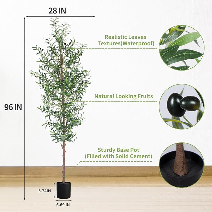 Artificial Olive Tree 8FT Tall Faux Olive Tree Fake Potted Silk Plant | 96in Trunk and Realistic 1574 Leaves and 48 Fruits for Modern Office Home Decor Indoor（1pack）
